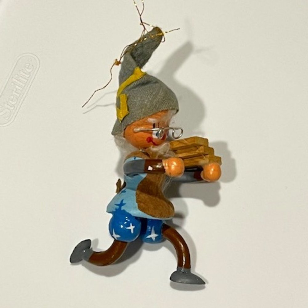 VTG Wooden Old Lady Carrying Wood Walking Figurine Hand Painted Ornament 4.25"